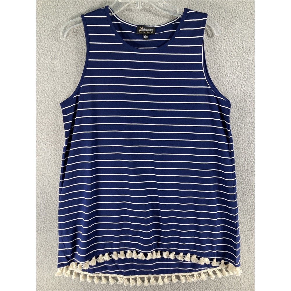 Gameday Couture‎ Tank Top Womens Large Navy Blue Striped Tassel Fringe Hem Boho